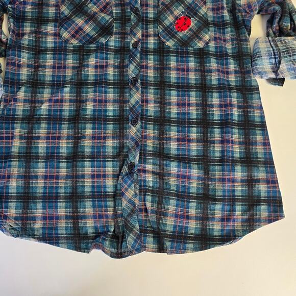 Urban Girl Plaid Roll tab Sleeve Button Down with iron on Patches size Medium - Picture 5 of 11